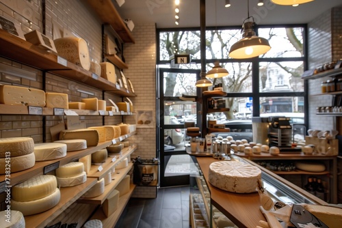 Artisan cheese shop interior with wheels of cheese on wooden shelves  soft natural lighting