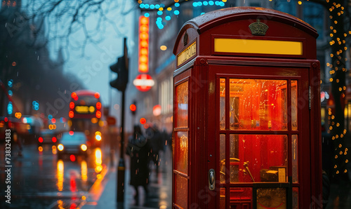 Old red telephone box in London in a blurry street scene. AI generated image
