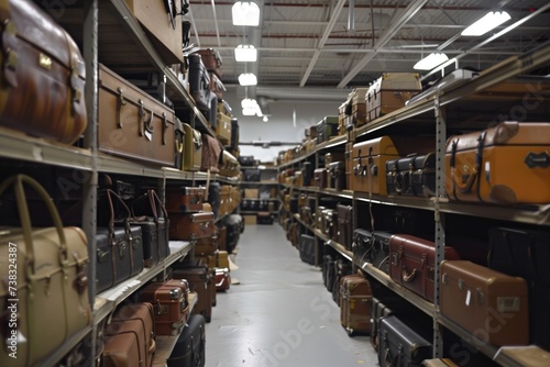 Misplaced baggage in a storage room, rows of unclaimed luggage, lost property management photo