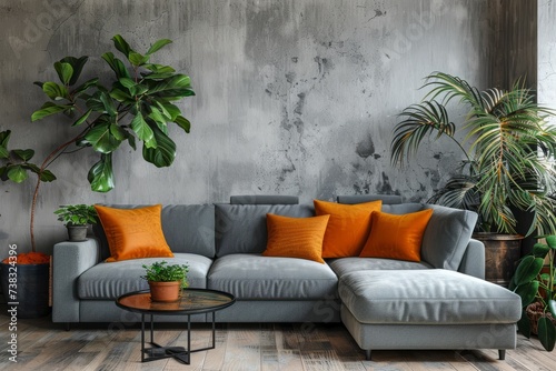 Harmony of Nature and Modernity. Modern living room with a grey sofa adorned with orange cushions amidst potted plants and a raw concrete backdrop
