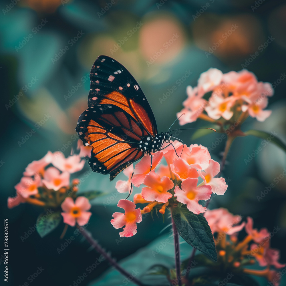 Naklejka premium Monarch Butterfly Perched on Pink Flowers