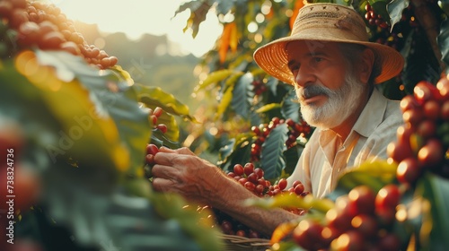 Senior brazilian man harvesting coffee beans in basket with ample space for text