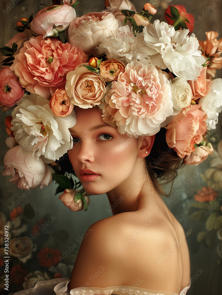 Obraz premium A stunning artistic photo featuring a beautiful woman adorned with flowers in her hair