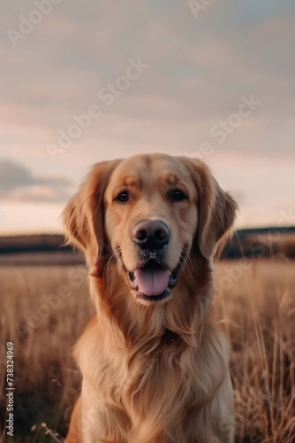 Golden retriever sitting in field of tall grass. Perfect for nature and pet-related designs