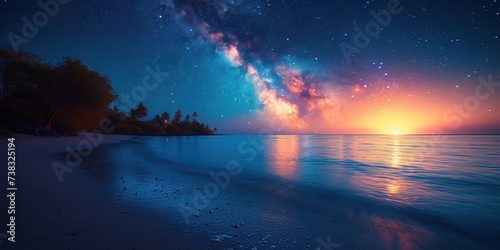 The Milky Way shimmers above the night beach, reflected in the calm turquoise water. Palm trees sway gently.