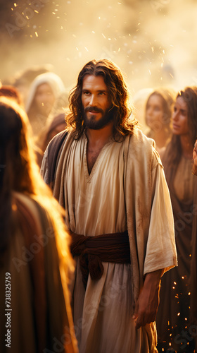 Jesus walking among people photo