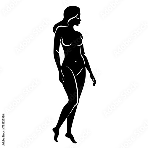 Silhouette of a nice lady, she is standing. The girl has a beautiful naked figure. The woman is a young sexy and slender model. Vector illustration