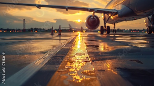  Closeup of airplane landing on airport runway at sunset