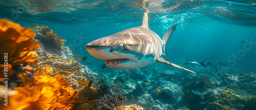 Shark in blue ocean. Underwater photography. Predator hunting near water surface.