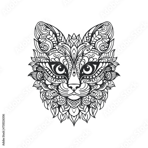 Cute cat coloring pages for kids. Cat with mandala style for coloring design or tattoo black outline