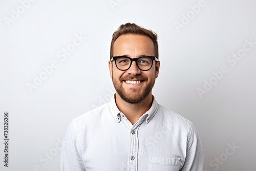 Portrait of a happy young man in eyeglasses over grey background © Igor