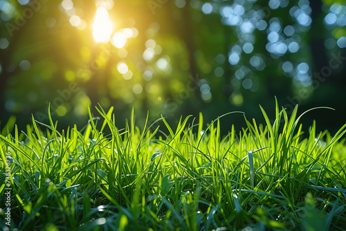 Close-up of a Green grass background with bright sun light. Low angle photo