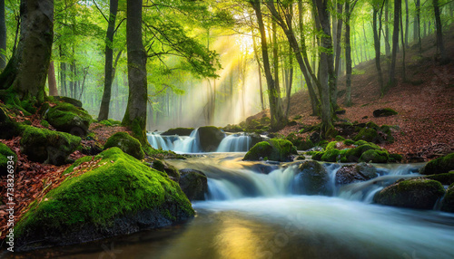 Fototapeta Wiosenny las o świcie, rzeka i wodospady, krajobraz 