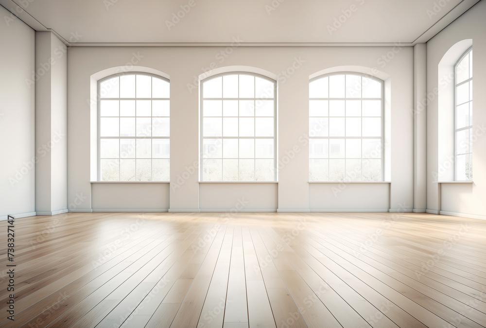 An empty white room with a parquet and three windows