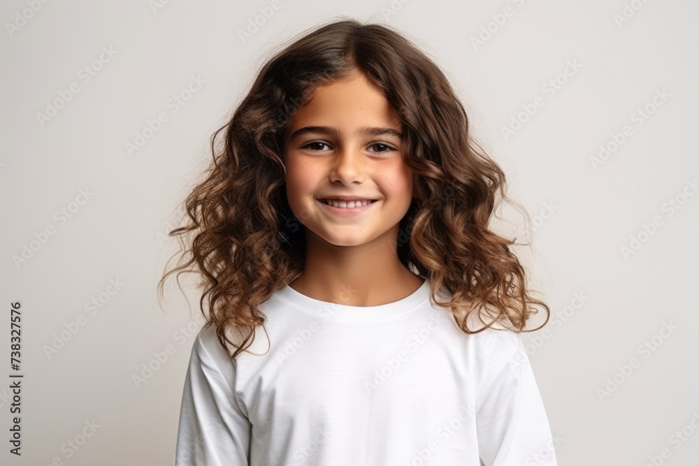Portrait of a cute little girl with long curly hair over grey background Portrait of a cute little girl with long curly hair over grey background