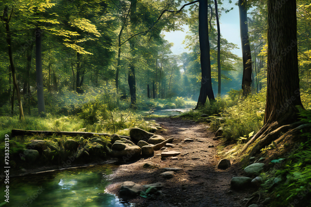 Obraz premium Autumn Forest Landscape, Tranquil Nature Scene with River and Colorful Trees