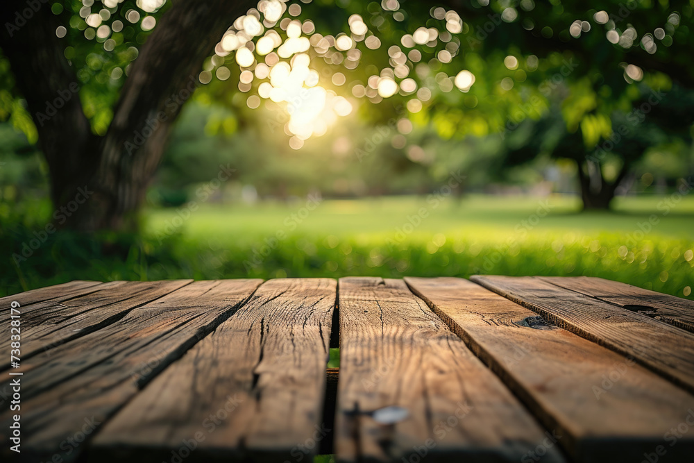 Wooden table placed in middle of park. Suitable for outdoor gatherings and picnics Wooden table placed in middle of park. Suitable for outdoor gatherings and picnics