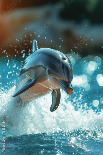 Dolphin leaps out of water. Perfect for capturing beauty and grace of marine life. Suitable for use in educational materials, travel brochures, and advertisements