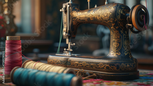 A vintage sewing machine with detailed engravings, accompanied by spools of colorful thread