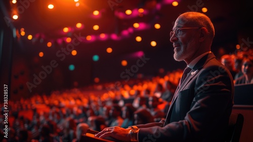 Businessman taking presentation. Throughout the keynote address, the speaker sprinkles in inspiring quotes or anecdotes from thought leaders and visionaries, adding depth and resonance photo