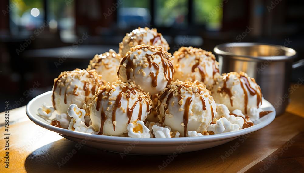 Freshly baked homemade chocolate dessert on wooden table generated by AI Freshly baked homemade chocolate dessert on wooden table generated by AI