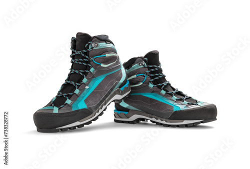 A pair of new hiking boots on white background, including clipping path