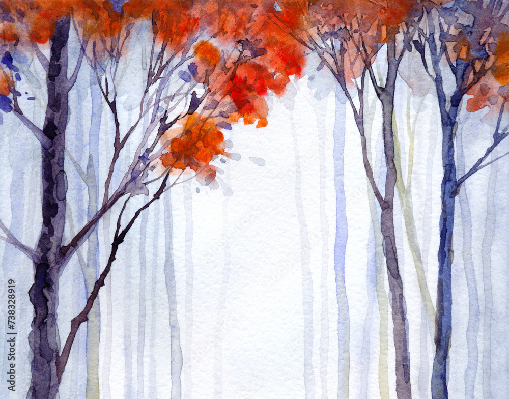 Trees in the winter forest. Watercolor landscape - obrazy, fototapety, plakaty 