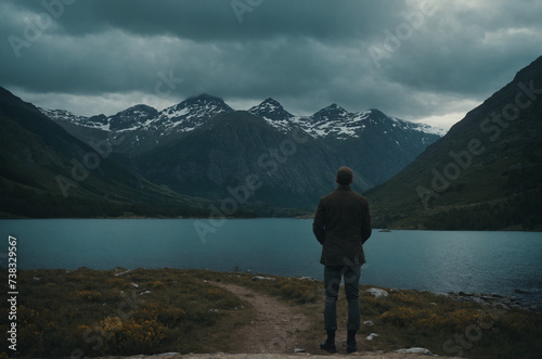 person standing looking towards a lake with mountains on a cloudy day