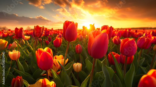 Tulip flower field on beautiful sunset landscape,, Tulips flower field. Illustration Free Photo