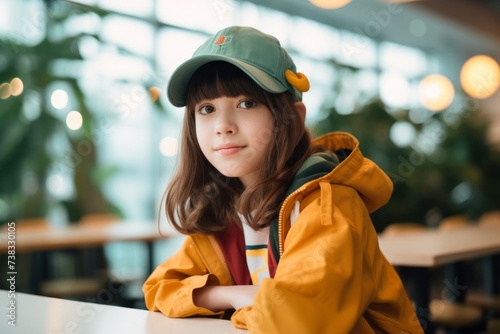 beautiful asian girl in yellow raincoat and cap looking at camera in cafe
