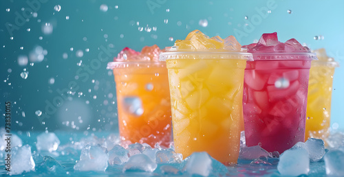 product photography of colorful iced drinks for next level energy, teal backdrop with 4 colorful iced drinks in plastic cups arranged neatly,