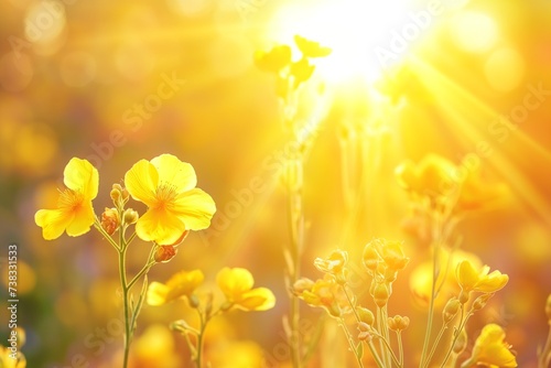 Closeup of Yellow rapeseed field in sunlight at sunrise or sunset