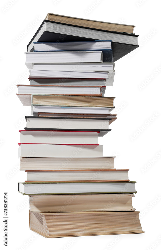 High stack of many different books isolated on white High stack of many different books isolated on white