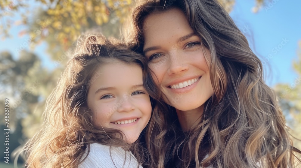 Beautiful woman and child with long brown hair smiling generative ai Beautiful woman and child with long brown hair smiling generative ai