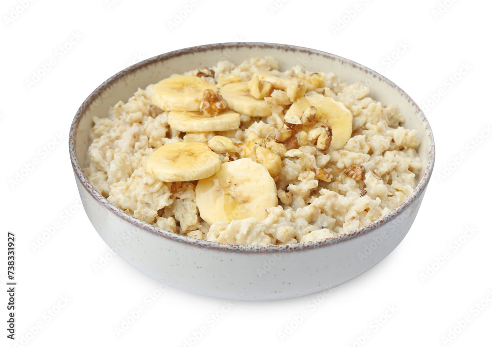 Tasty oatmeal with banana and walnuts in bowl isolated on white Tasty oatmeal with banana and walnuts in bowl isolated on white