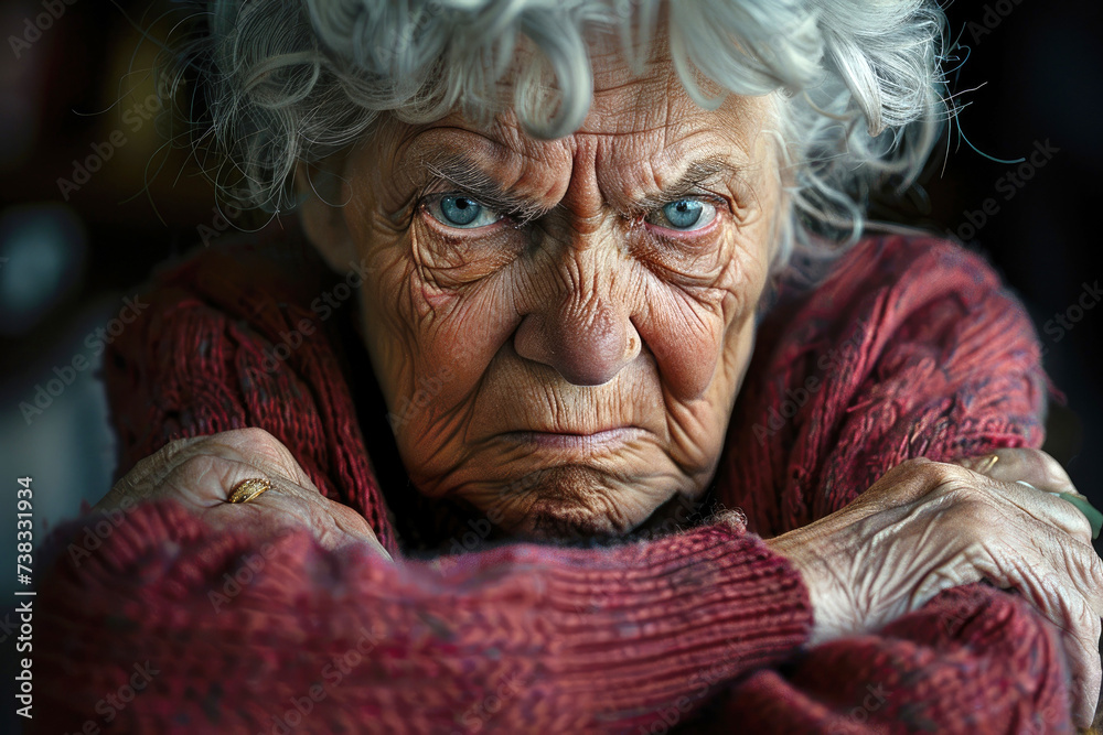 An angry elderly woman with arms crossed An angry elderly woman with arms crossed