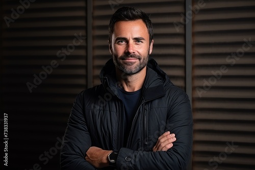 Portrait of a handsome man with arms crossed wearing a black jacket