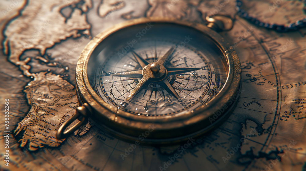 A well-preserved brass compass with intricate detailing, resting on a weathered map A well-preserved brass compass with intricate detailing, resting on a weathered map