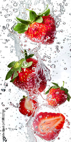 Fresh strawberry. Wave flow of water splash on fruits. Vitamin drink. On vertical white beckground photo