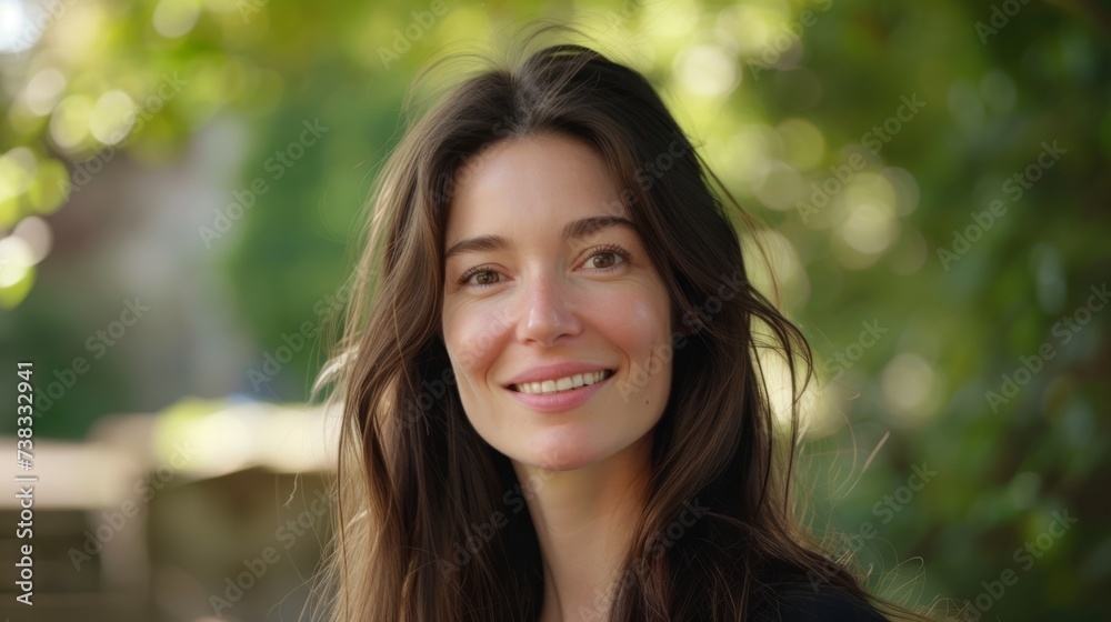 woman with long brown hair smiling at the camera generative ai woman with long brown hair smiling at the camera generative ai