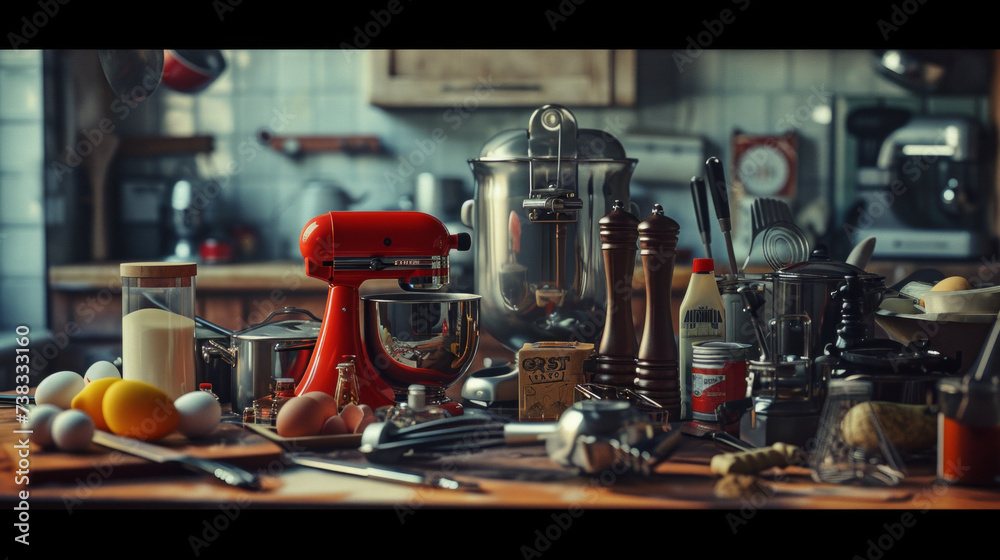 An assortment of retro kitchen gadgets, such as a hand-crank egg beater and a vintage can opener
