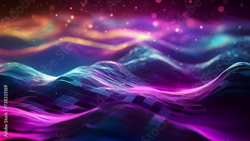 Abstract digital geometric waves undulating in cyberspace in red, blue and purple colors photo