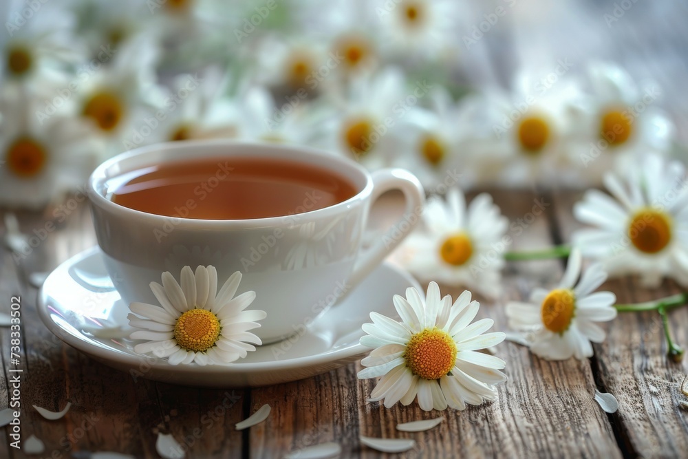 Chamomile tea in a white mug. Background with selective focus and copy space Chamomile tea in a white mug. Background with selective focus and copy space