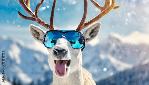 rentier, après, ski, urlaub, schnee, berge, neu, modern, spaß, modern, surreal, copy space, reisebüro, sonnenbrille, skibrille, winterurlaub, winter, winterlich, blau, weiss, lustig, copy space, Hütte