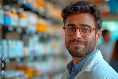Smiling portrait of a handsome pharmacist in a pharmacy store.