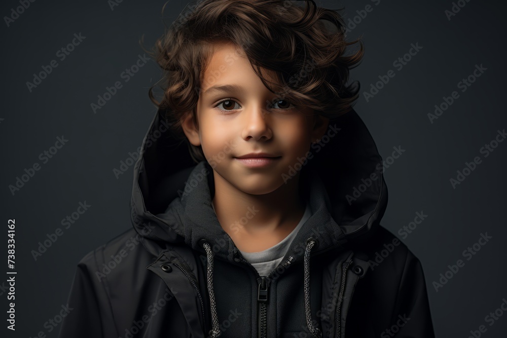 Portrait of a cute little boy in a black jacket. Studio shot. Portrait of a cute little boy in a black jacket. Studio shot.
