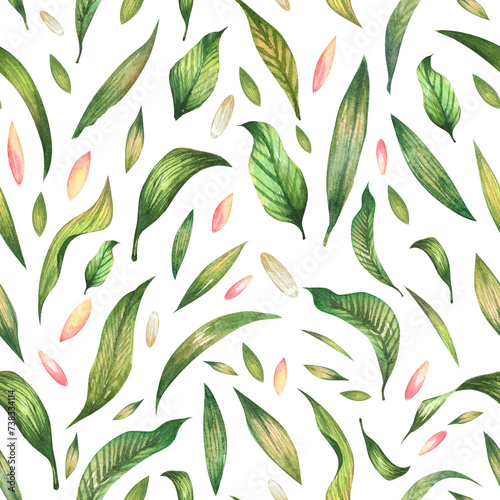 Seamless pattern with watercolor green leaves on a white background. Hand painted high resolution wallpaper and wrapping paper design