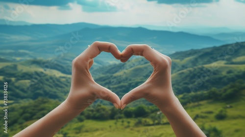 Close-up of heart-shaped hands against a backdrop of rolling hills generative ai