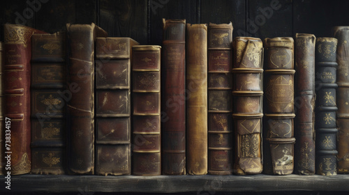 A row of weathered leather-bound journals with cracked spines, revealing years of use