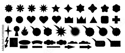 Basic shapes with a rough, ragged edge. Set of grunge elements for collage, sticker. Black icons. Heart crown arrow star circle bubble speech flame lightning square rectangle. Vector illustration.
